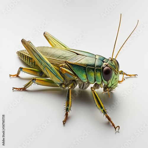 a close up of a green grasshopper insect on a white background © Awesomextra