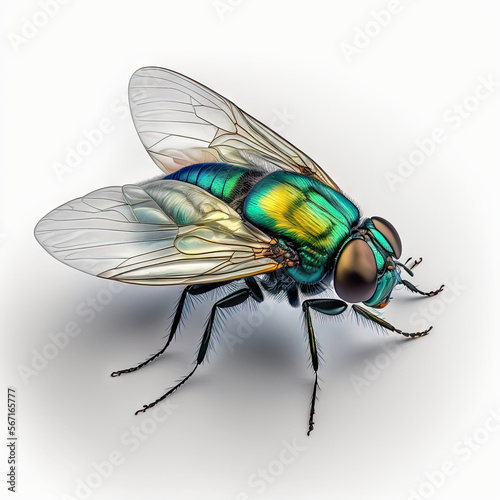 a close up of a colorful fly on a white background