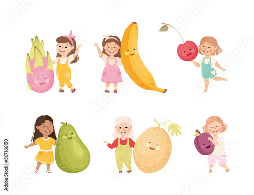 Happy Kids Having Fun with Big Fruit with Cheerful Faces Vector Set