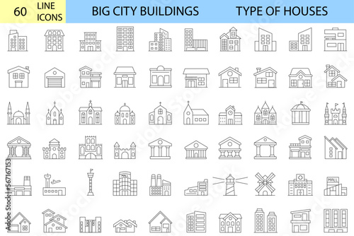 type of houses. Set of linear icons of big city buildings. Urban architecture. State institutions, religious and cultural monuments. Educational centers and residential buildings