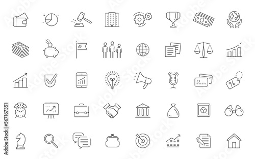 Business and finance icons set in linear style. Symbols and signs with thin outline. Commerce concept
