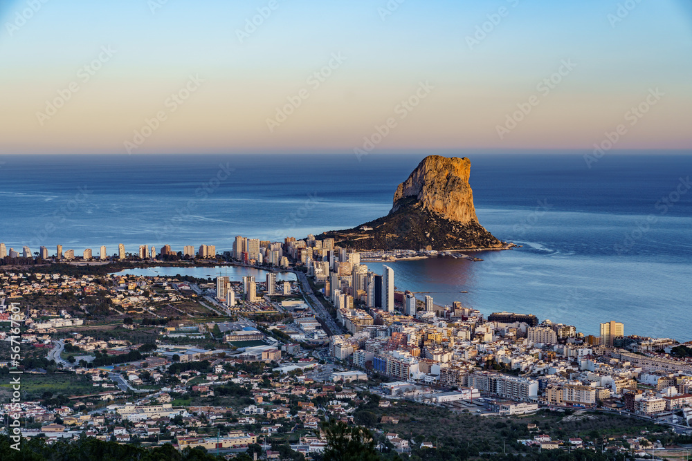 View of the Calpe peninsula in Spain with the Calp peak and the city in the background