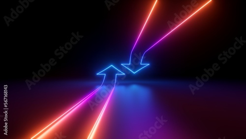 3d render, abstract minimalist geometric background. Two counter neon arrows shifting, linear graphics. Shuffle concept