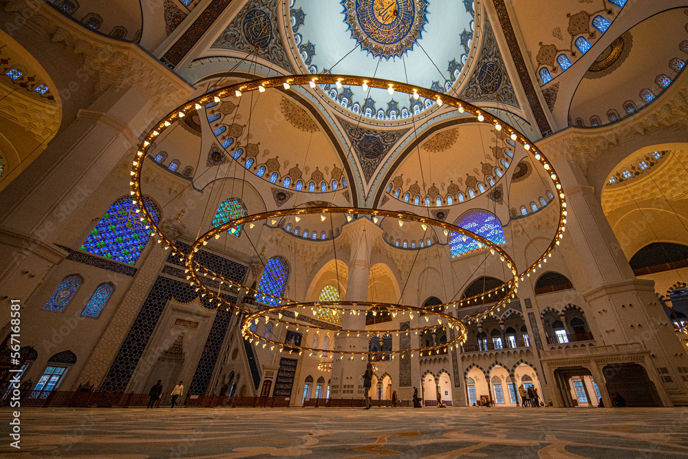 Istanbul, Turkey ; 2023 January 27: Inside interior and dome of Camlica Mosque. The newest and biggest mosque located on the beautiful Buyuk Camlica Hill called Camlica Mosque.