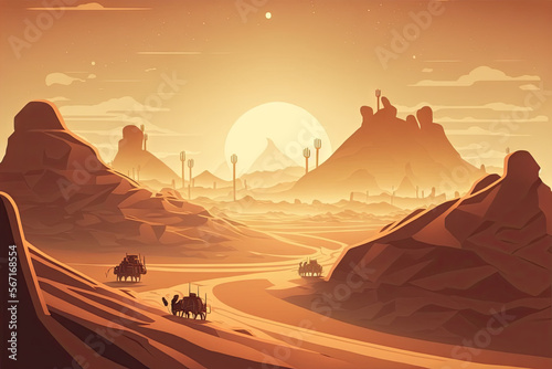 a desert scene with camels in the distance