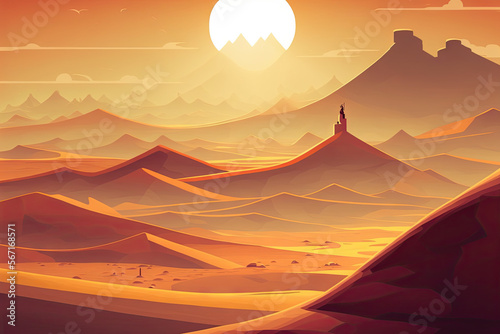 a desert landscape with a mountain and a tower in the distance