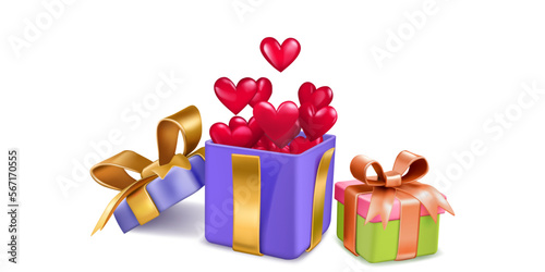 Valentine's Day illustration with colored gift boxes tied with ribbons with a bows, and a lot of red hearts flying out of open box, on white background