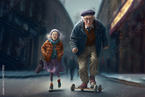 Cool grandpa and granddaughter skating in the street (Generative AI) photo