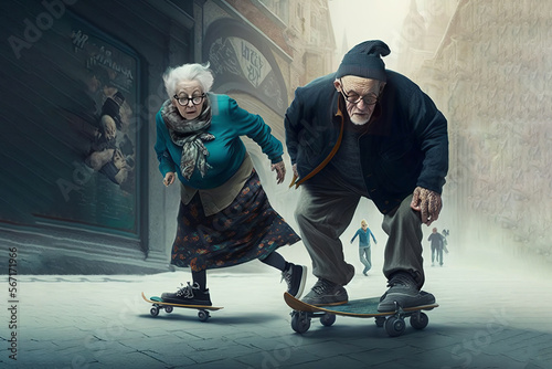 Cool grandma and grandpa skating on the street (Generative AI)
