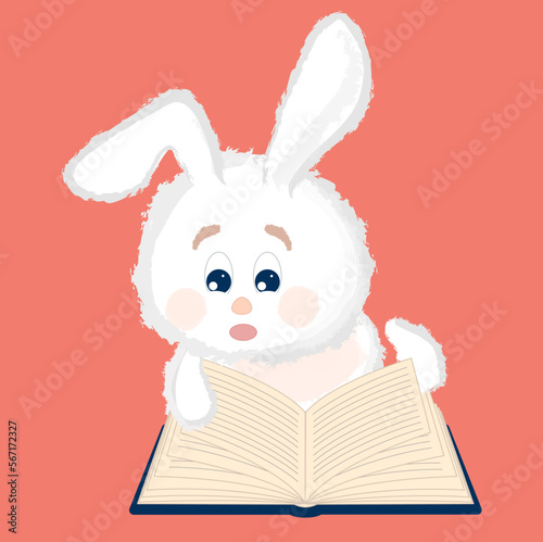 Cute curious white fluffy rabbit is reading an interesting book. Cartoon vector illustration. © OLESIA