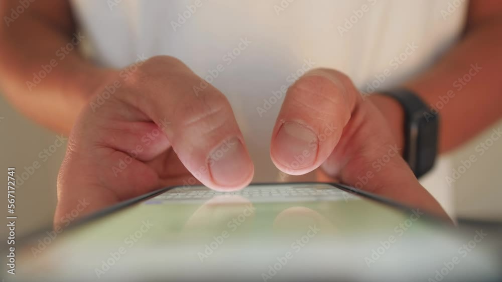 Woman chatting online on smartphone macro close up, typing text message, touching touchscreen keyboard, using messenger application. Female holding mobile phone, close up, swiping social media. 
