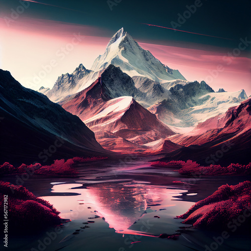 mountain with a pink river generative ai