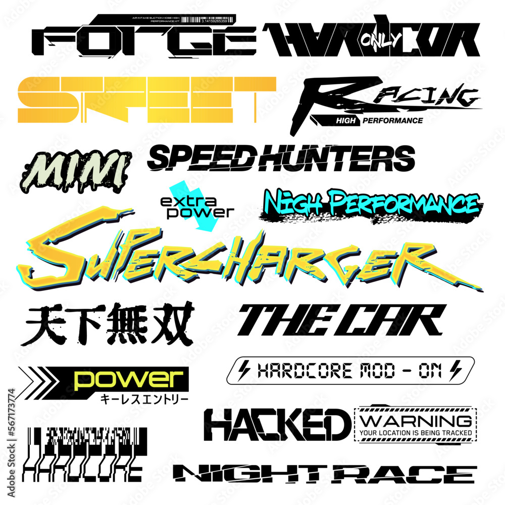 Cyberpunk decals set. Set of vector stickers and labels in futuristic