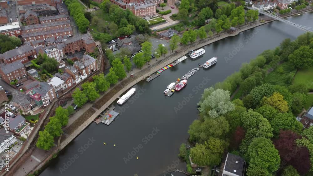 Aerial view of boats on the River Dee in Chester UK Aerial view of boats on the River Dee in Chester UK