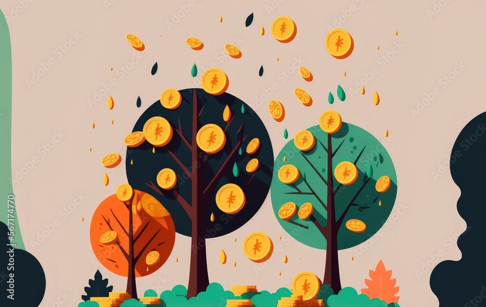 idea of financial investment. Coins dropping from little to large from trees in the backdrop. Generative AI
