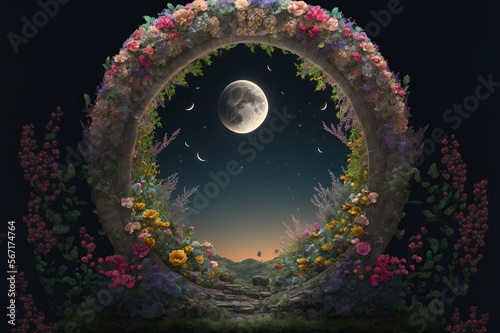 A gorgeous moon gate with a moon in the background. AI generated art.  