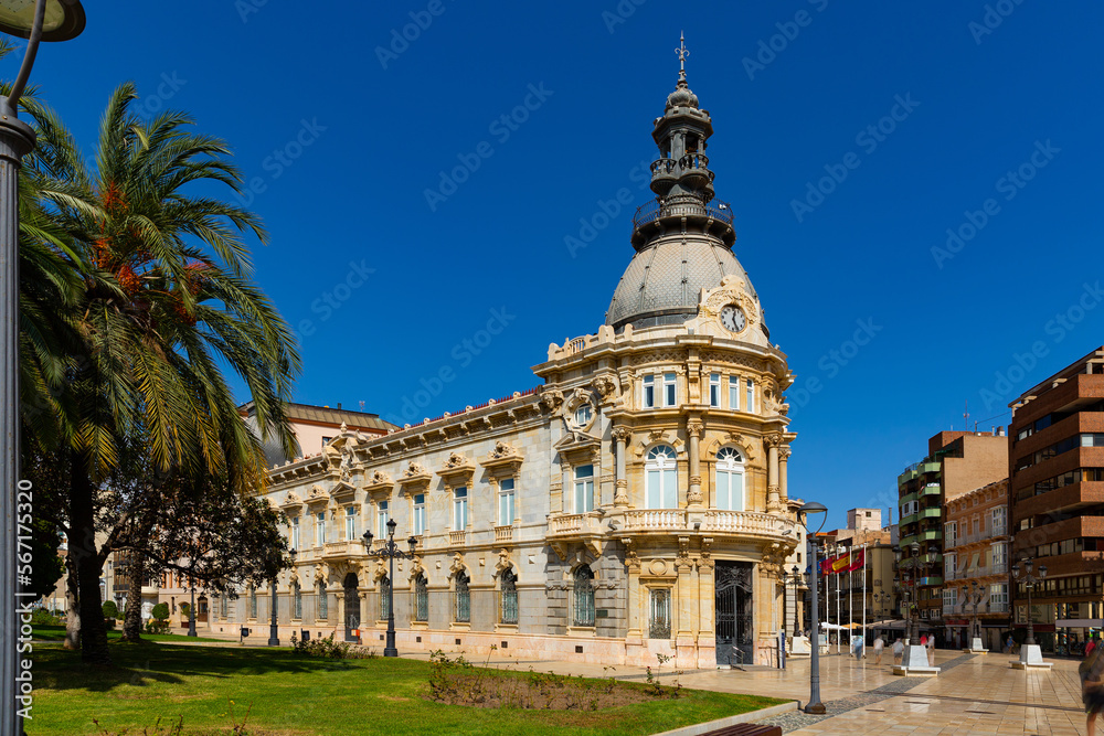 View of magnificent Art Nouveau building of City Hall in Spanish city of Cartagena on summer day
