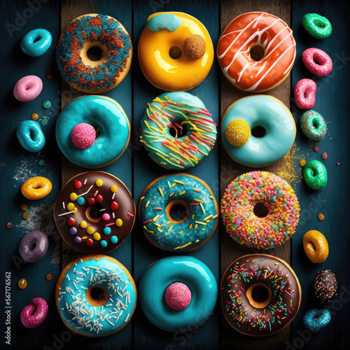 Multicolored sweet donuts. Generative AI.