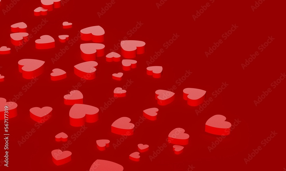 Red hearts of various sizes on pure red background. 3D illustration. 3D CG. 3D illustration. Red hearts of various sizes on pure red background. 3D illustration. 3D CG. 3D illustration.