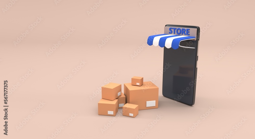Fototapeta premium mobile phone representing an online store, with boxes outside (3d illustration)