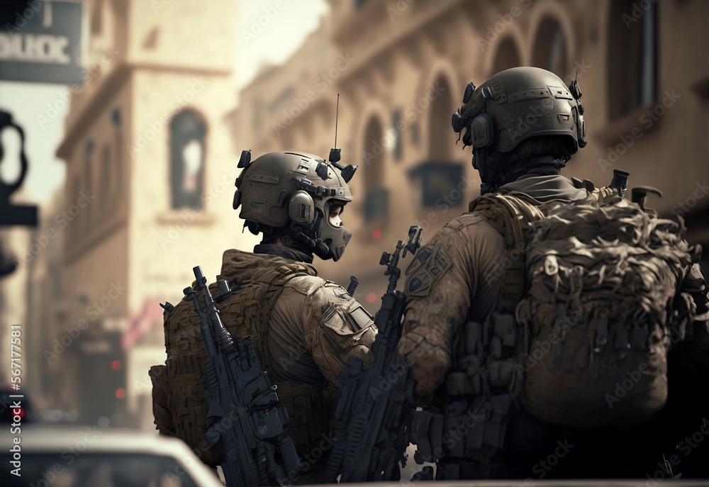 Soldiers with weapons stand with their backs turned Soldiers with weapons stand with their backs turned