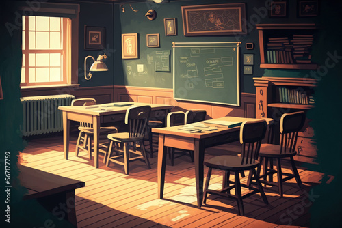 Inside the old classroom with blackboard, desks and chairs. Generative AI