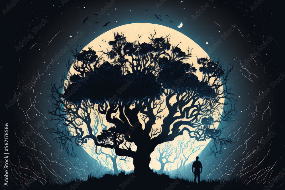 In the night, a full moon, numerous stars, and a silhouetted tree. Generative AI
