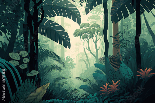 Illustration of tropical trees and leaves in a misty forest. Generative AI