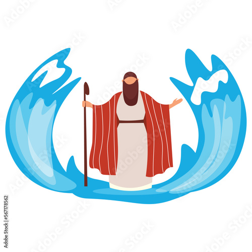 Moses with sea waves on white background