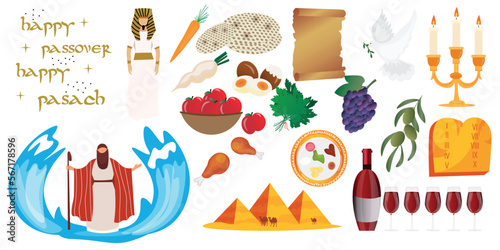 Set of symbols of Passover holiday on white background