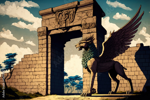 In Alacahoyuk, Corum, Turkey, an ancient gate entry from the Hittite era features a sphinx. Generative AI photo