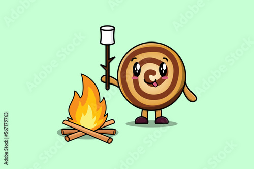 Cute cartoon Cookies character is burning marshmallow