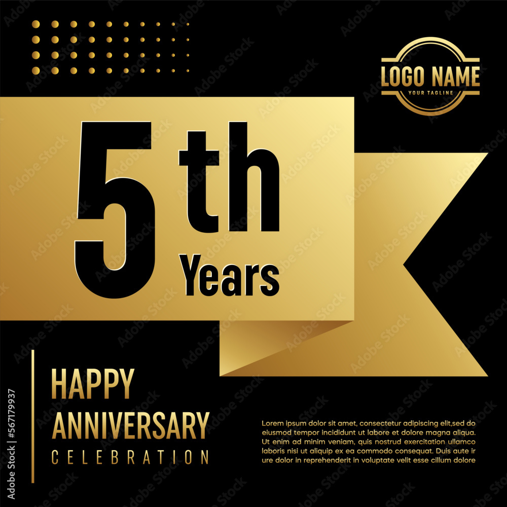 5th Anniversary template design concept with golden ribbon for anniversary celebration event, invitation card, greeting card, banner, poster, flyer, book cover. Vector Template 5th Anniversary template design concept with golden ribbon for anniversary celebration event, invitation card, greeting card, banner, poster, flyer, book cover. Vector Template