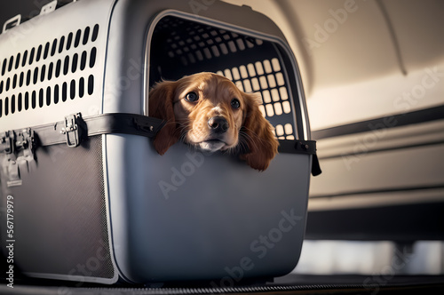 Happy traveler dog in carrier cage transportation for safe transport trip box. Concept animal travel. Generation AI