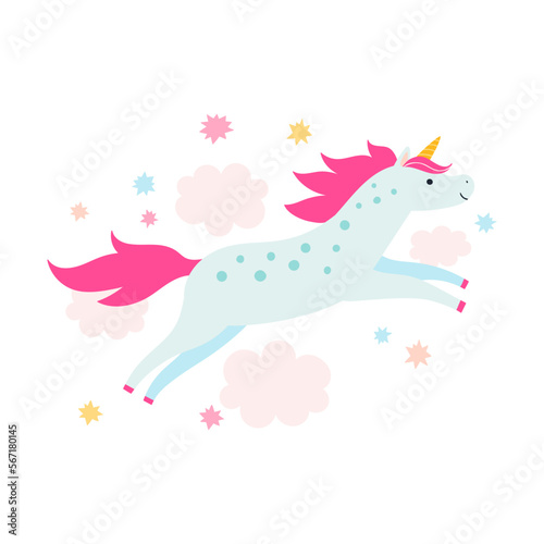 Vector color illustration of unicorn running in clouds in flat style. Cute fairytale cartoon character isolated on white.