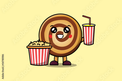 Cute cartoon Cookies with popcorn and drink ready to watching film in cinema