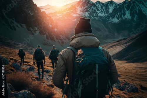 Group tourists of hiker sporty people walks in mountains at sunset with backpacks. Concept adventure with copy space. Generation AI.