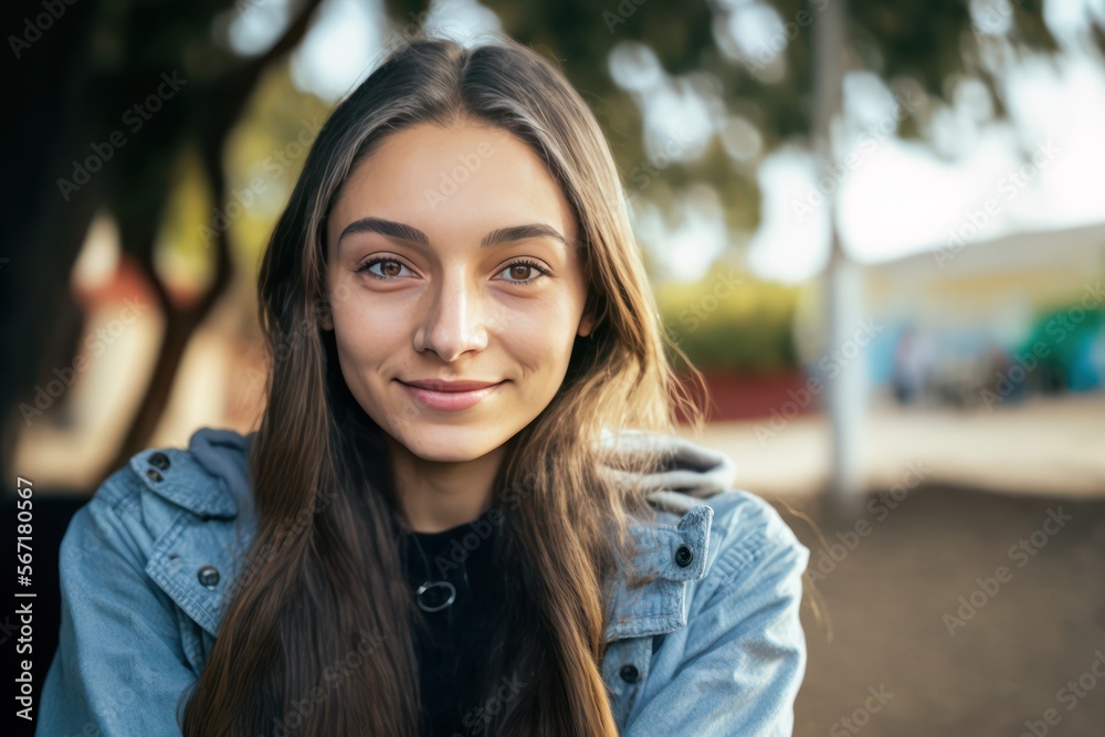 Beautiful smiling teenage girl wearing a jeans jacket looking at the camera at her high school schoolyard. Generative AI Beautiful smiling teenage girl wearing a jeans jacket looking at the camera at her high school schoolyard. Generative AI