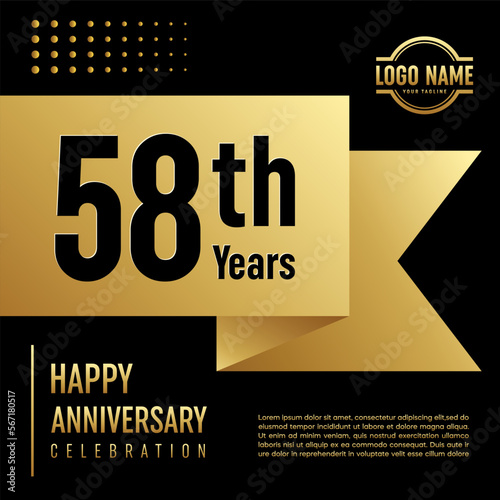 58th Anniversary template design concept with golden ribbon for anniversary celebration event, invitation card, greeting card, banner, poster, flyer, book cover. Vector Template