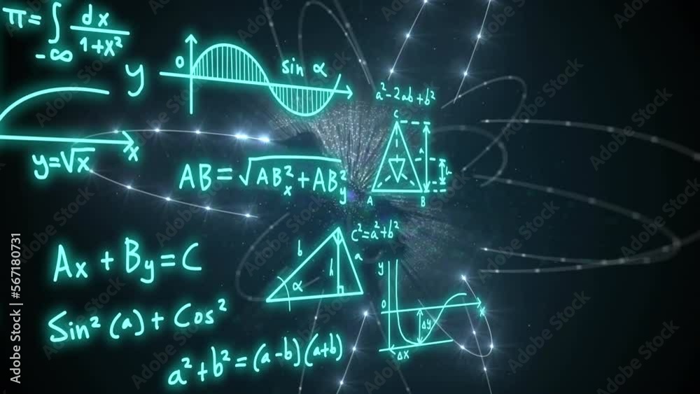 Animation of mathematical formulae and scientific data processing over black background