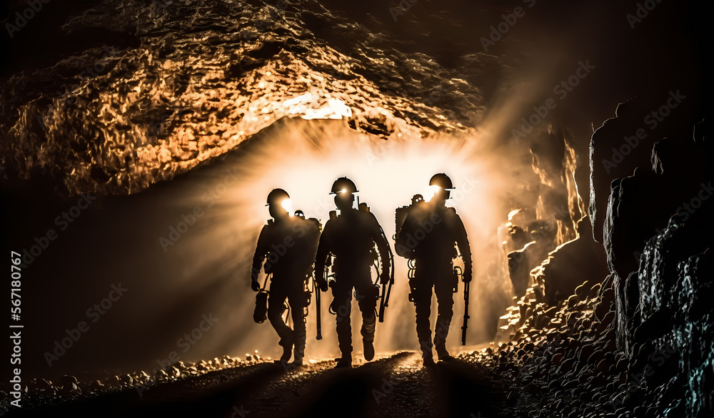 Silhouette of miners with headlamps entering underground coal mine