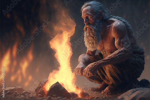 A man discovering fire in prehistoric times. Generate IA