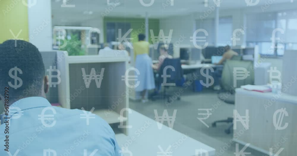 Animation of data processing and currency signs over african american businessman working in office Animation of data processing and currency signs over african american businessman working in office