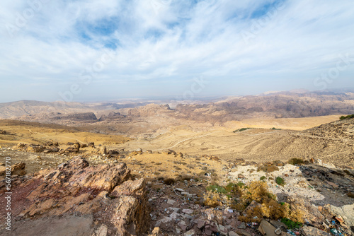 Billede på lærred View of the Wadi Musa valley and canyons with the rose colored canyon holding the ancient city of Petra in view in Petra, Jordan