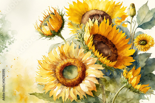 Watercolor Style Beautiful Many Varius Sunflowers , Background, Wall Art - Generative AI