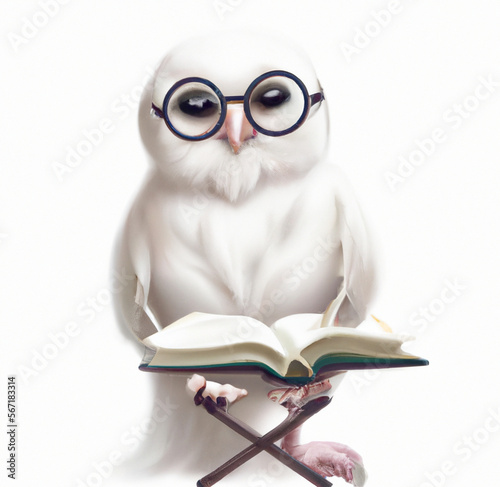 Illustration of smart looking white owl with glasses, reading a book, created with generative AI tools