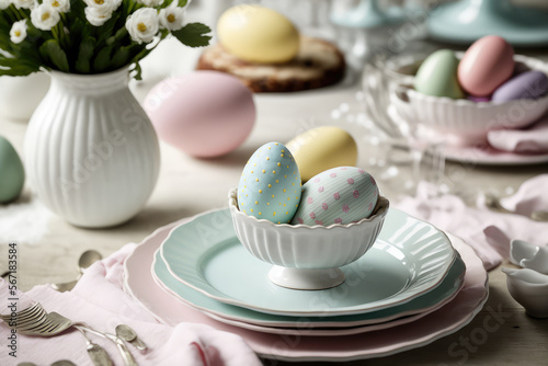 Easter brunch with colorful eggs and pastel decorations, generative ai
