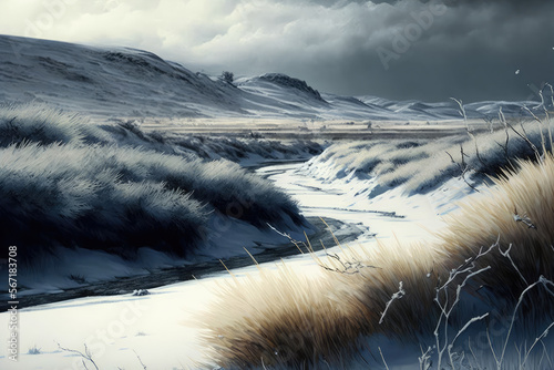 Frozen Grass and Snowy Hills winter landscape, generative ai