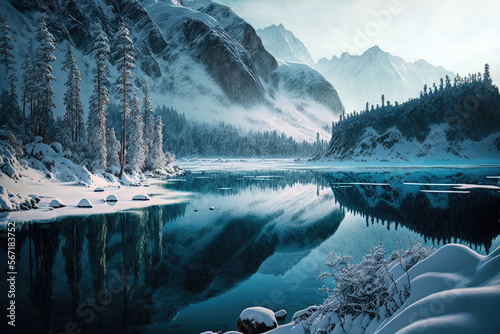 Frozen Lake and Snowy Mountains winter wonderland view, generative ai