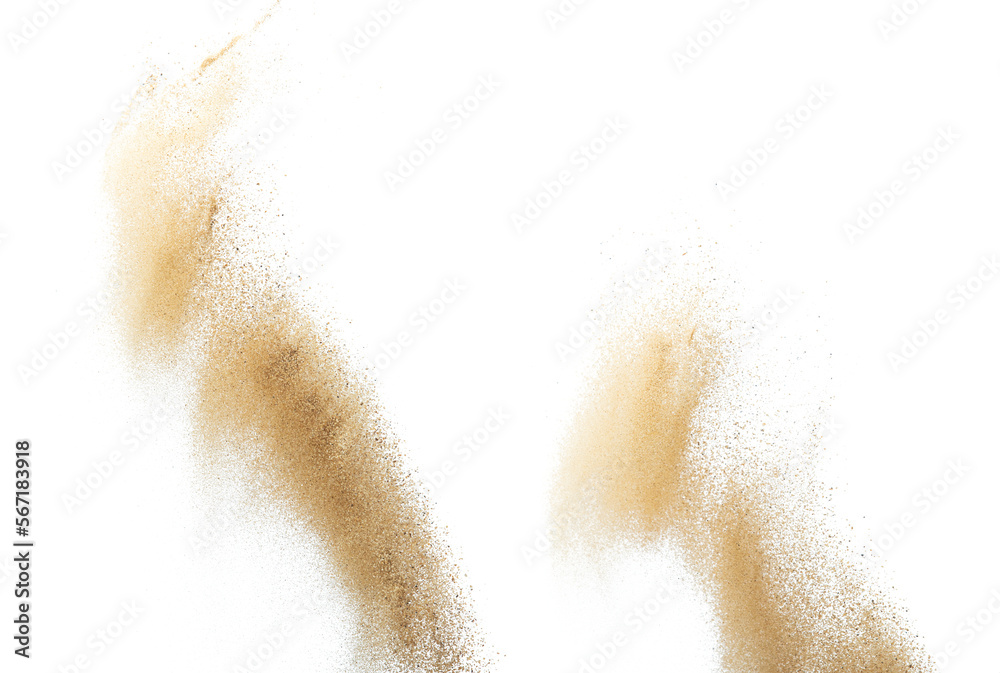 Sand flying explosion, Golden sand wave explode. Abstract sands cloud fly. Yellow colored sand splash throwing in Air. White background Isolated high speed shutter, throwing freeze stop motion